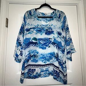 INOA Sydney Embellished Floral Print 3/4 Length Sleeve Silk Blouse Tunic Top